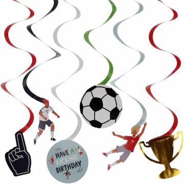 Set van 6 voetbal hangdecoraties (60 cm) van papier, met voetballen, voetballers en kampioensbeker, perfect voor een sportief feestje."